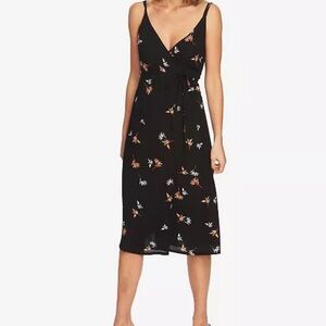 1. State Black Floral Print Midi Viscose Wrap Tie Dress Pockets Size M